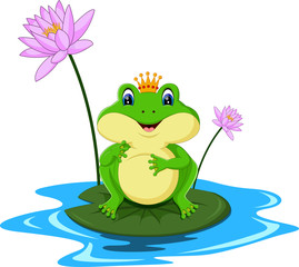 Poster - funny Green frog cartoon sitting on a leaf 