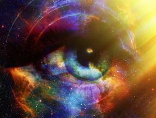 Poster - Woman Eye and cosmic space with stars and yellow light, and music speaker silhouette. abstract color background, eye contact, music concept