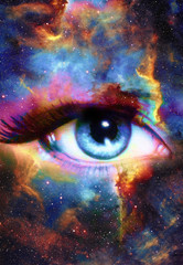 Poster - Woman Eye and cosmic space with stars.  abstract color background, eye contact.