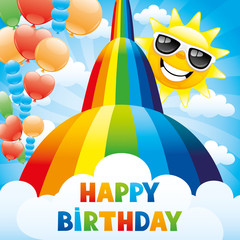 Wall Mural - Sun with rainbow and birthday greetings.