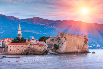 Wall Mural - Panoramic view of old town Budva at sunset. Montenegro. Adriatic sea.