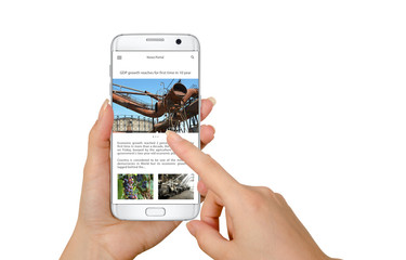 Poster - Reading news article on the isolated smart phone. Phone in hand, white background.
