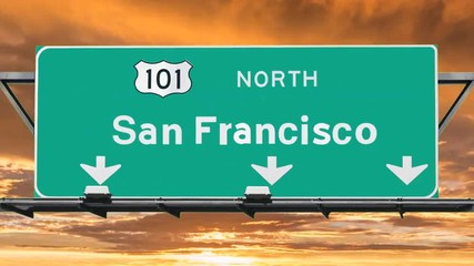 Sticker - San Francisco 101 freeway sign with sunset time lapse sky.