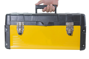 The yellow, plastic tool box. Isolated on white background