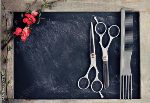 Fotografie, Obraz Hair Cutting and Thinning Scissors on vintage background