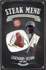 Wall Mural - Steak menu chalkboard design with hand drawn illustration of a fillet mignon steak on a plate