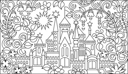 Wall Mural - Black and white illustration of fairyland castle for coloring. Developing children skills for drawing. Vector image.