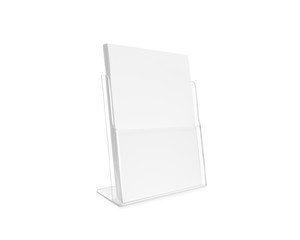Fototapete - Blank flyer mockup glass plastic transparent holder isolated. Plain flier stand. Clear brochure holding. Clean poster mock up design presentation. Shows flyer. Pamphlet design. Empty paper template.