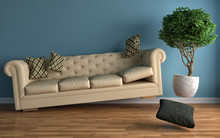 Zero Gravity Sofa Hovering In Living Room. 3D Illustration