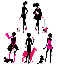 Set Of Black Silhouettes Of Fashionable Girls With Their Pets -