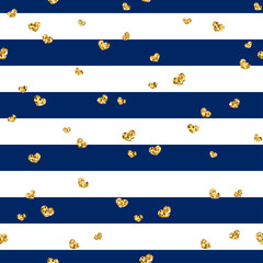 Wall Mural - Golden hearts stripes seamless pattern. Gold glitter and blue template. Abstract texture. Retro. Valentine day design template for card, wallpaper, wrapping, textile, fabric etc. Vector Illustration.