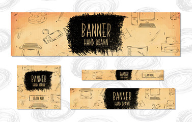 Web Banners for websites 4 different sizes in retro style hand drawn. Computer equipment and art supplies for designers, web designers and programmers. Vector