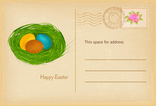 Easter Postcard In Vintage Style With Easter Eggs And Grass Nest. Happy Easter Celebration Greetings Card. Vector Illustration.