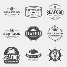 Vector Set Of Seafood Restaurant Vintage Logos, Emblems, Silhouettes