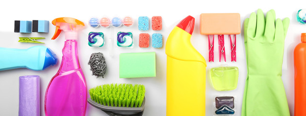 Wall Mural - Cleaning set with products and tools, isolated on white