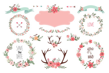 Save the date elements Collection of wedding items with floral wreaths, bouquets and antlers