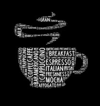 Coffee Word Cloud, Words Related To Coffee In Shape Of Coffee Mug