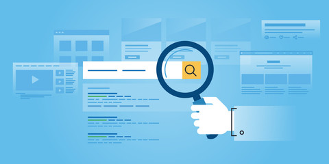 Fototapete - Flat line design website banner of web search, SEO, ranking sites, rating. Modern vector illustration for web design, marketing and print material.
