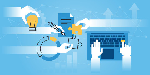 Poster - flat line design website banner of about us company information, business solutions and services. mo