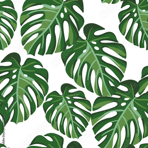 Stoffe zum Nähen Monstera Palmblätter auf dem weißen Hintergrund. Vektor Musterdesign mit tropischen Pflanzen. Tropische Dschungel Laub.
