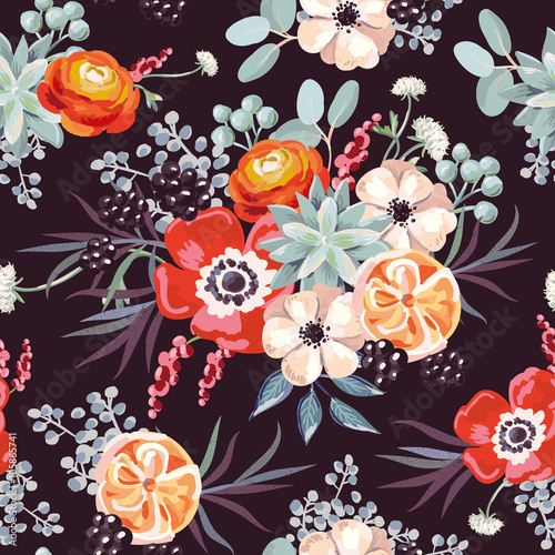 Cotton fabric Bouquet mit Brombeeren und Sukkulenten auf dem schwarzen Hintergrund. Vektor nahtlose Muster mit Blumen.