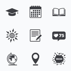 Poster - Pencil and open book signs. Graduation cap icon.