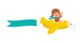 Cute boy pilot flies on a yellow plane in the sky. Air adventure. Isolated cartoon vector illustration
