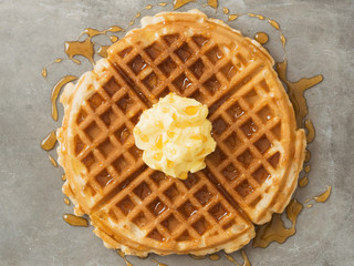 Poster - rustic traditional waffle with butter and maple syrup