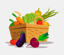 Basket With Vegetables. Vector Flat Illustration