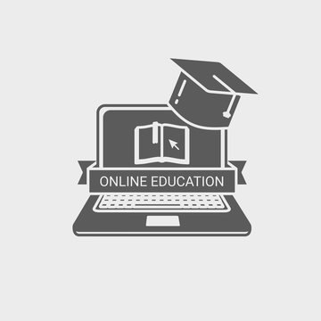 Online education logo,sign or label design concept with laptop, book, and mortar board. Design element on white background