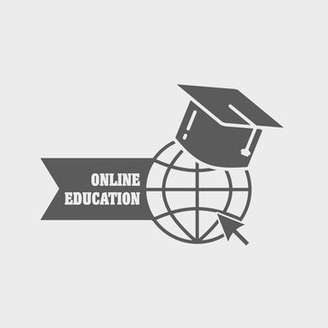 Online education logo , label or badge concept with earth globe and mortar board