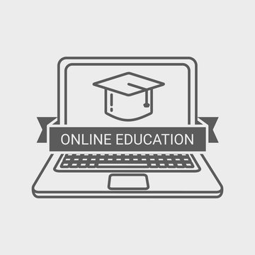 Online education logo, label or badge template with laptop and  mortar board