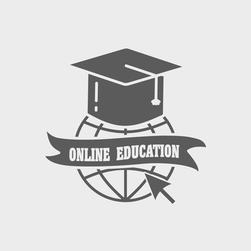 Online education logo, label or badge concept. Earth globe and mortar board on white background