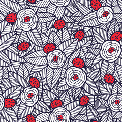 Sticker - Flowers and ladybirds seamless pattern