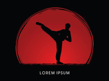 Kung Fu Pose, Man Kicking Designed On Sunset Or Sunrise Background Graphic Vector.
