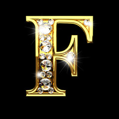 Wall Mural - f isolated golden letters with diamonds on black