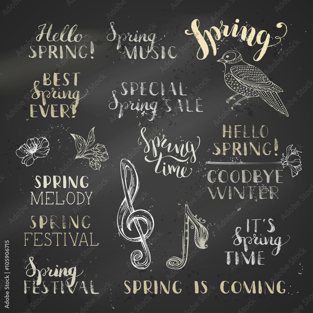 Vector set of hand-written chalk spring lettering on blackboard ...