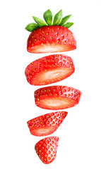 falling sliced strawberry isolated on white