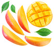 Slices of mango fruit and leaves over white. File contains clipp