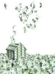 Wall Mural - House from euro banknotes and many flying euro banknotes