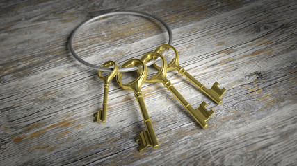 Wall Mural - 3D silver key ring with golden retro keys on old wooden surface