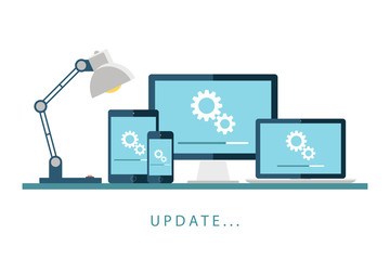 Poster - Desktop computer, laptop, tablet and smartphone with update screen. Update process. Install new software, operating system, update support. Vector illustration.