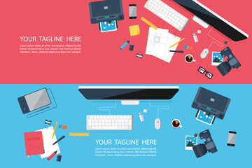 Poster - Flat designed banners for creative project, graphic design development, design agency, business. Top view of desk background.