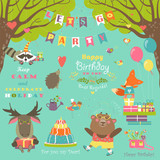 Fototapeta Dinusie - Birthday party elements with cute animals