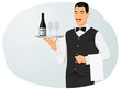 Smiling waiter with bottle of wine and glasses on tray. Service workers and catering.