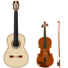 guitar and violin on a white background