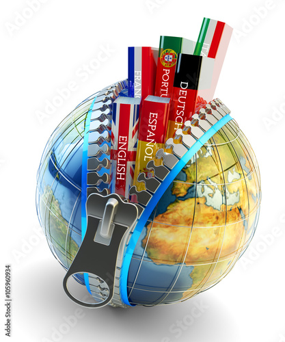 Foreign languages learning and translation concept, online translator icon, books with covers in colors of national flags of world countries inside Earth globe with zipper isolated on white - Buy this stock