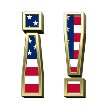 Exclamation mark from american flag alphabet set isolated over white. Computer generated 3D photo rendering.