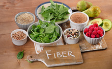 Foods Rich In Fiber On A Wooden Table.