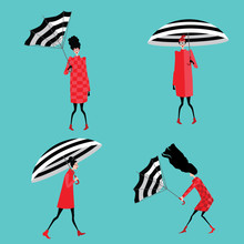 Set Vector Illustration Of Girls With Umbrella